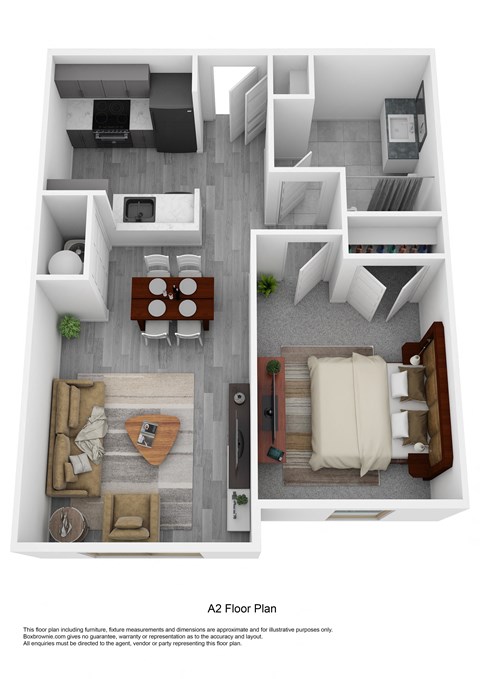 a stylized 3d floor plan with a bedroom and living room